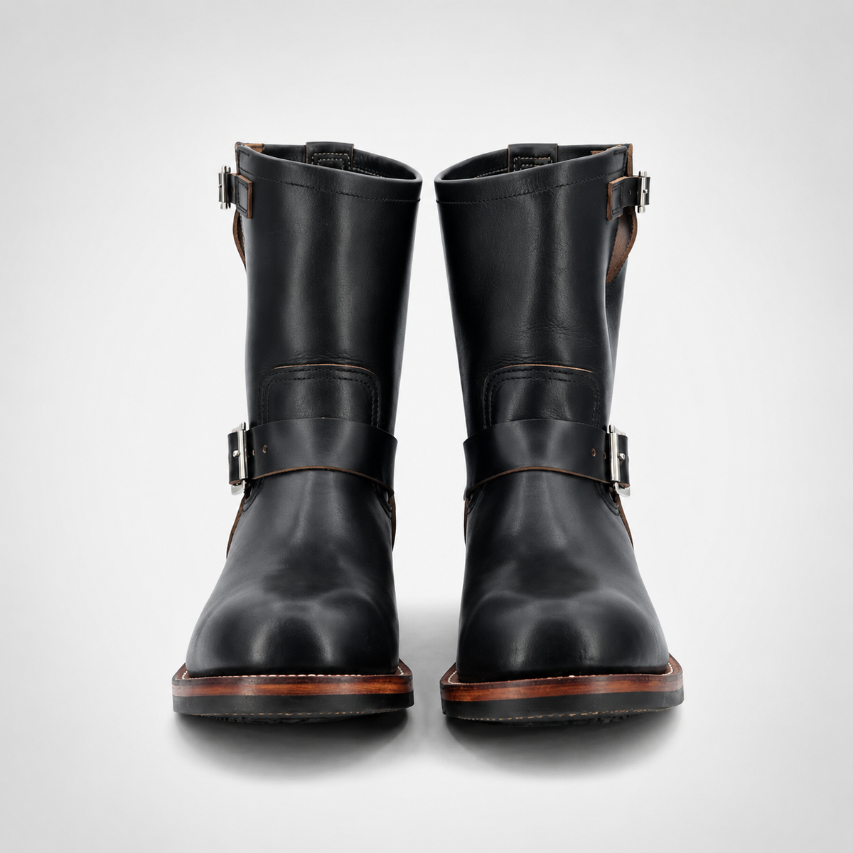 Mens Black Tumbled Leather Engineer Boots - Dual Buckle Brown Welt