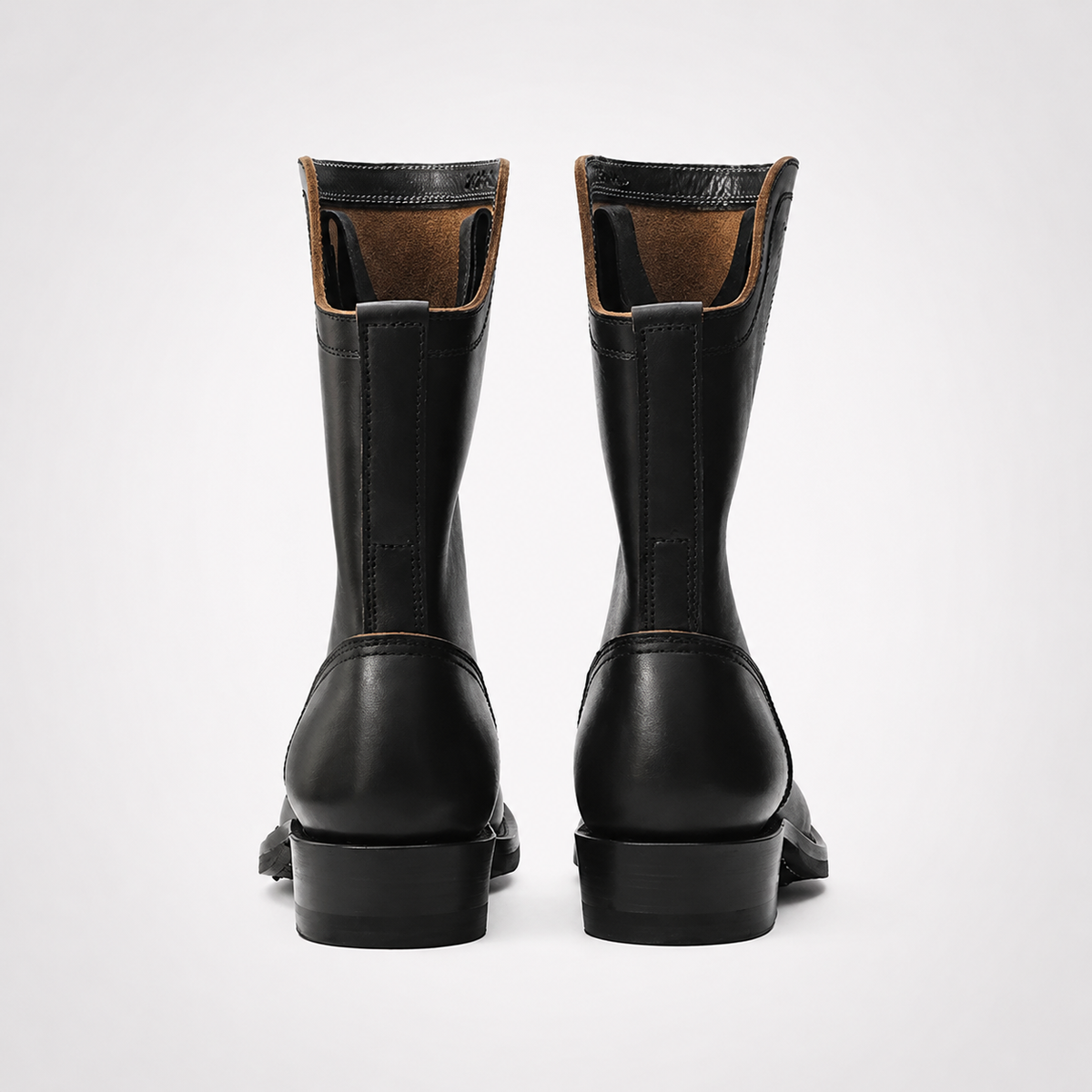 Mens Black Pull-On Leather Boots - Notched Collar Tan Back Panel