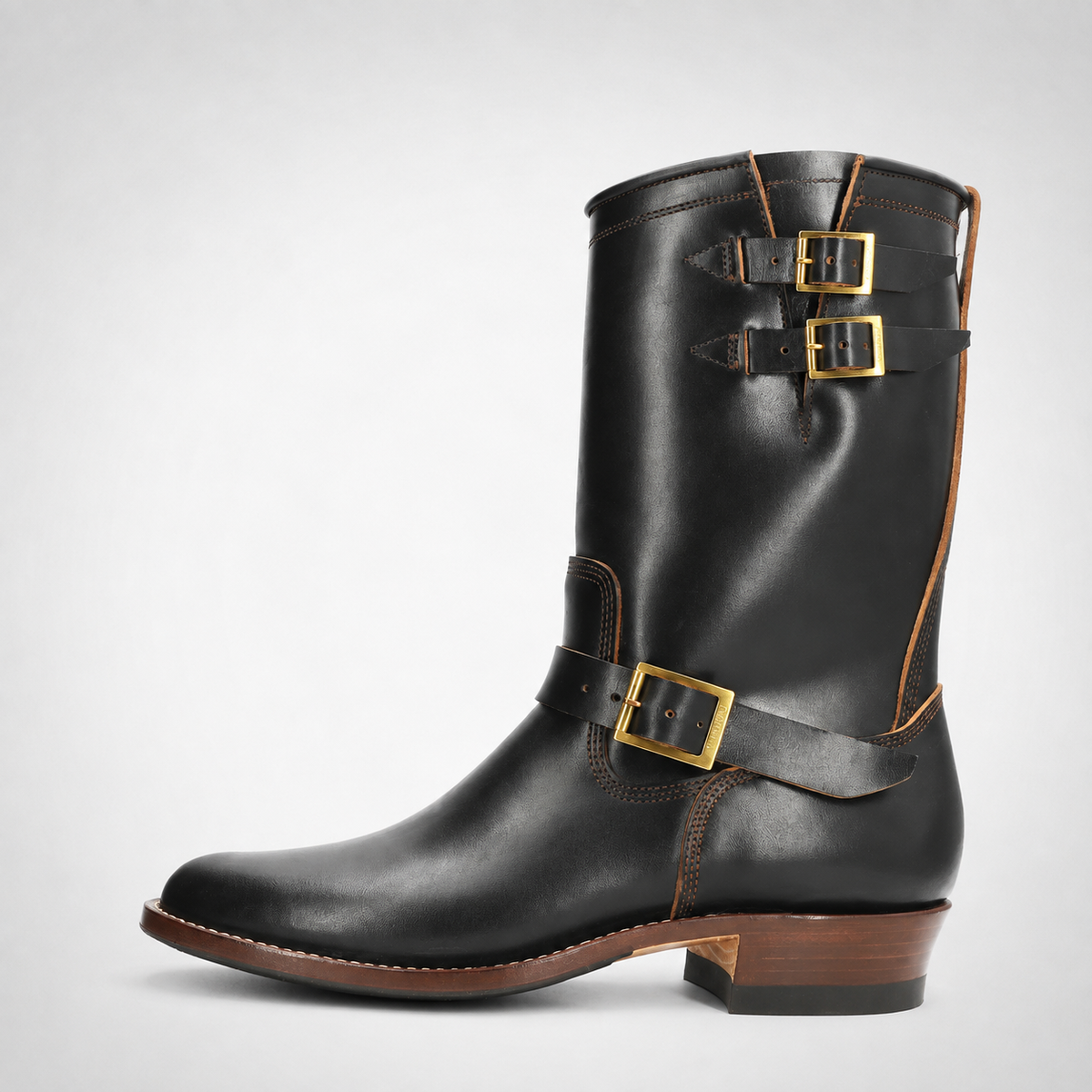 Mens Black Tall Biker Boots - Brass Buckle Mahogany Welt Sole