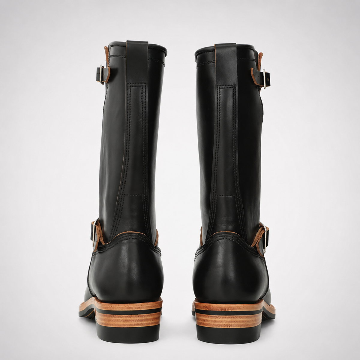 Mens Black Tall Shaft Engineer Boots - Dual Buckle Tan Layered Welt