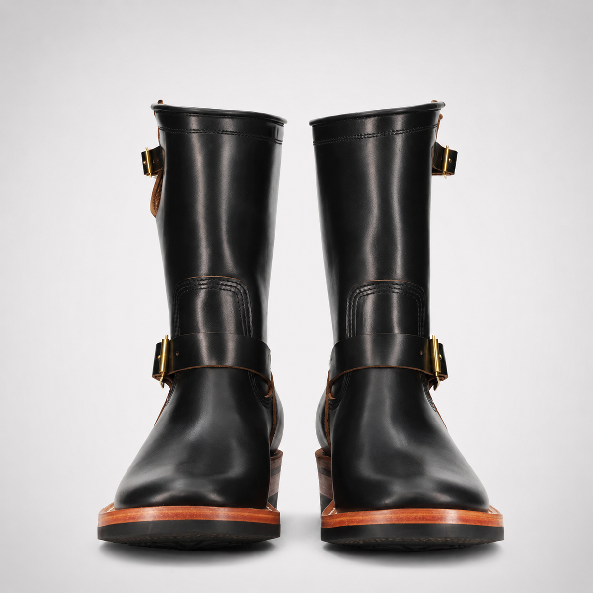 Mens Black Mid-Calf Biker Boots - D-Ring Strap Triple Tan Welt