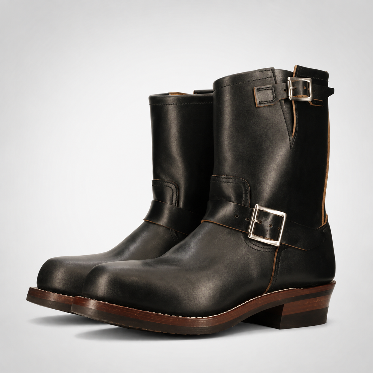 Mens Black Pull-On Engineer Boots - Commando Sole Tan Piped Collar