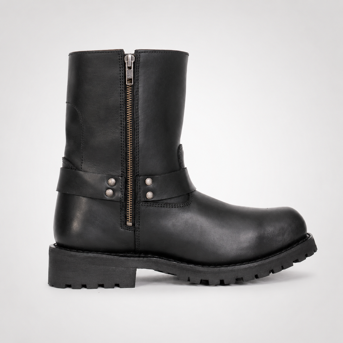 Mens Black Pull-On Harness Boots - D-Ring Rivet Lug Sole
