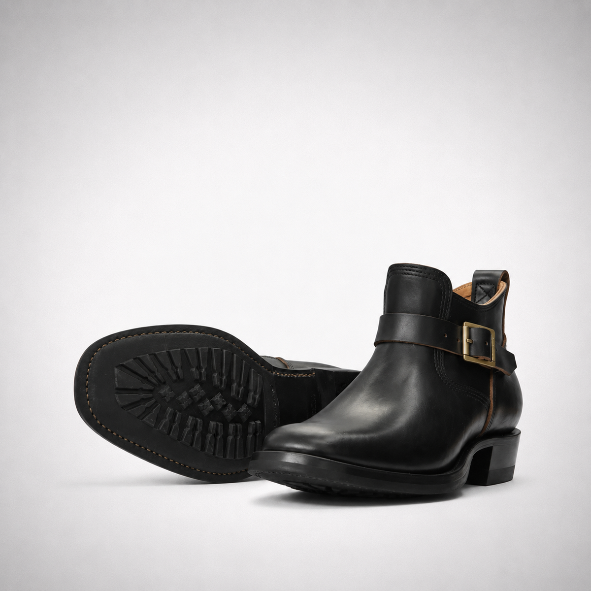 Mens Black Leather Riding Ankle Boots - Cross Strap Gold Buckle