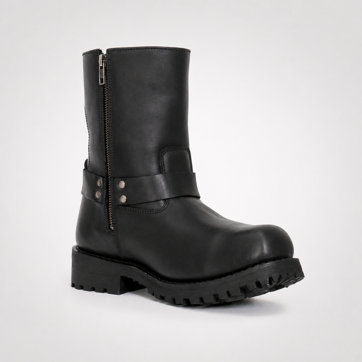 Mens Black Pull-On Harness Boots - D-Ring Rivet Lug Sole