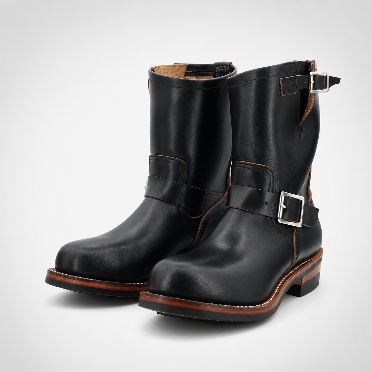 Mens Black Tumbled Leather Engineer Boots - Dual Buckle Brown Welt