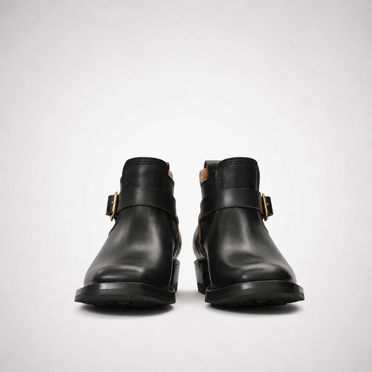 Mens Black Leather Riding Ankle Boots - Cross Strap Gold Buckle
