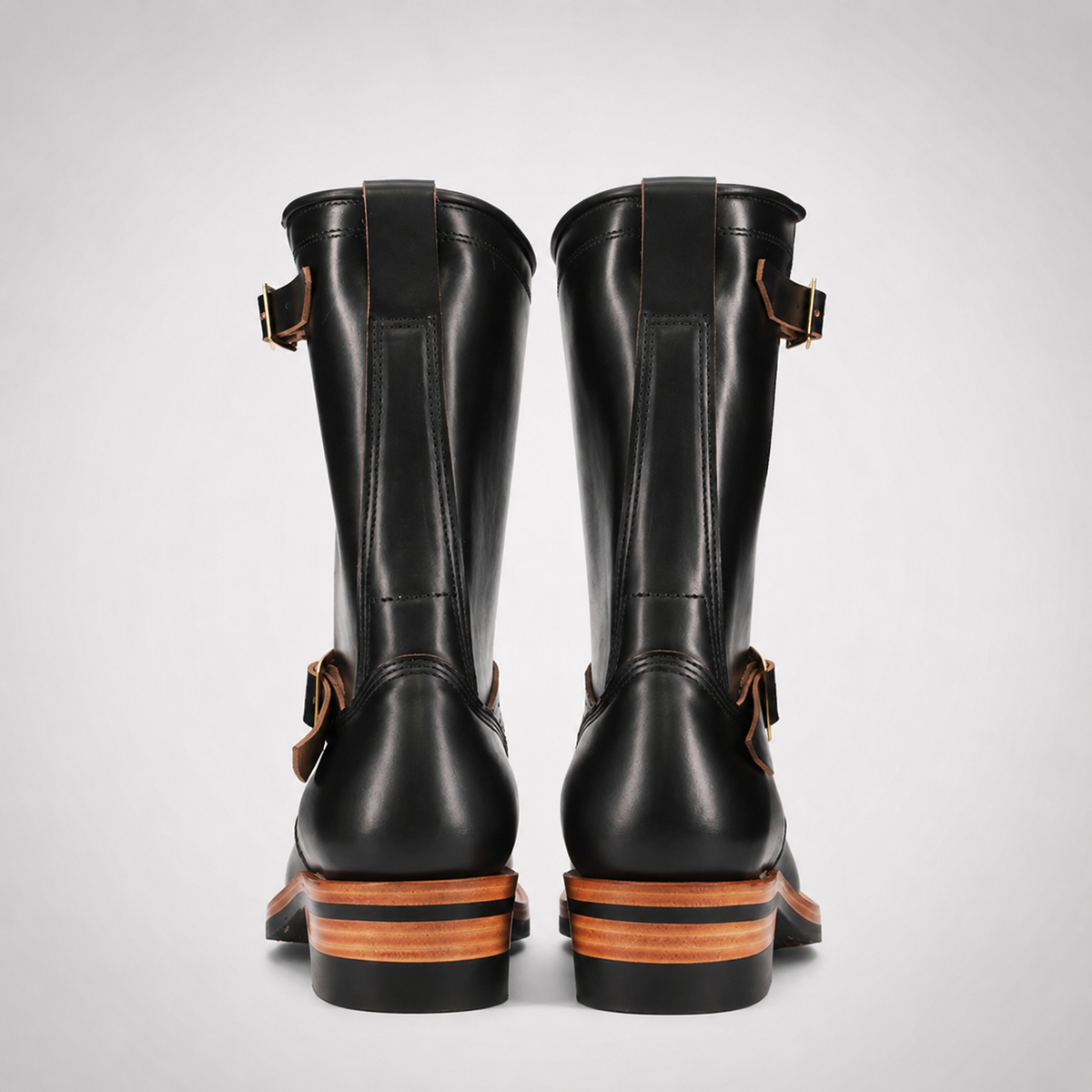 Mens Black Mid-Calf Biker Boots - D-Ring Strap Triple Tan Welt