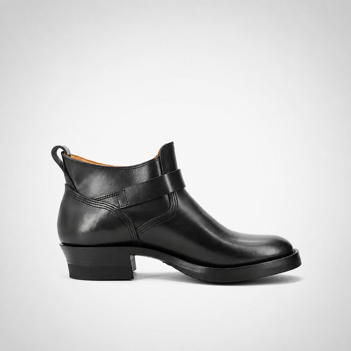 Mens Black Monk-Strap Ankle Boots - Tonal Buckle Block Heel