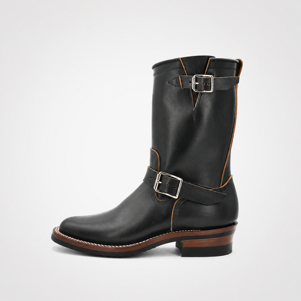 Mens Black Engineer Boots - Tan Piped Seams Dual Brass Buckle Welt