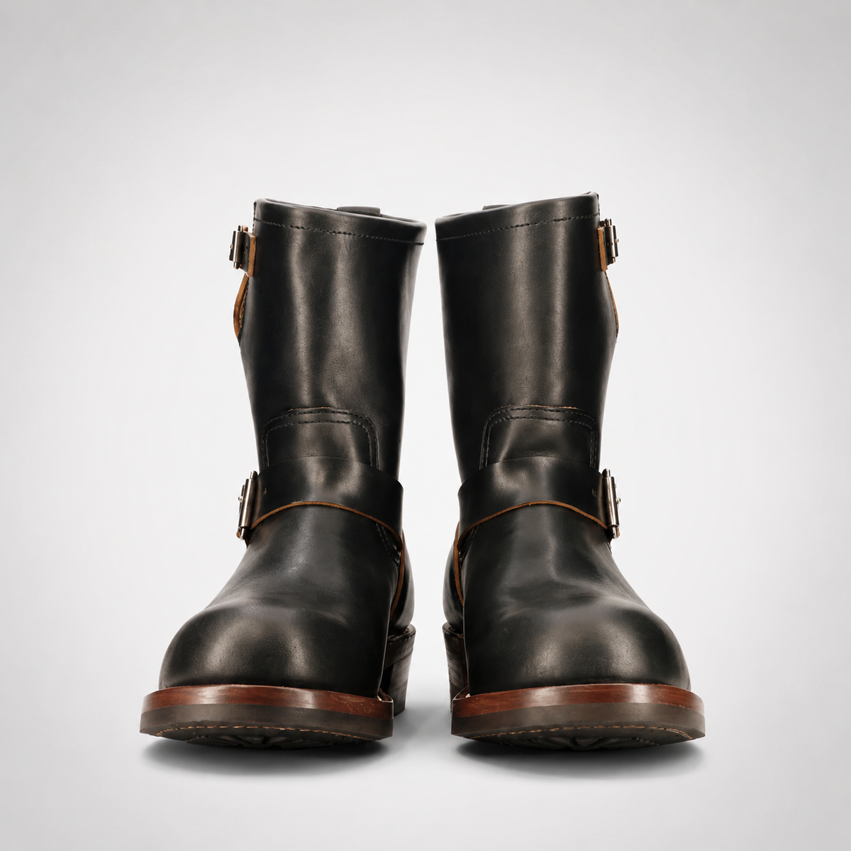 Mens Black Pull-On Engineer Boots - Commando Sole Tan Piped Collar