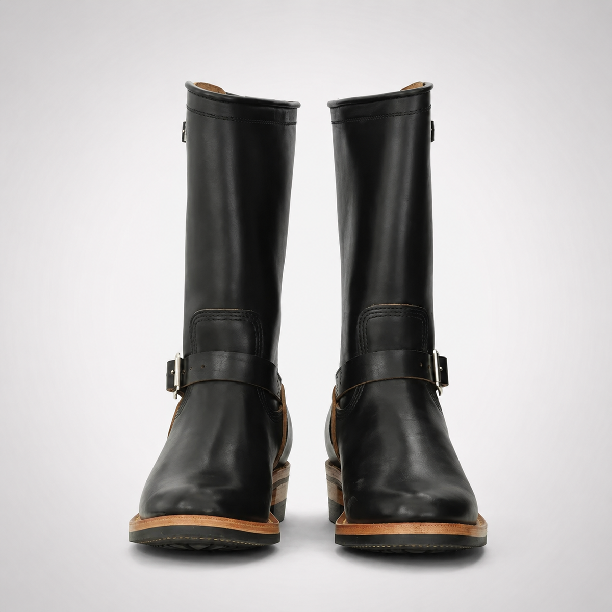 Mens Black Tall Shaft Engineer Boots - Dual Buckle Tan Layered Welt