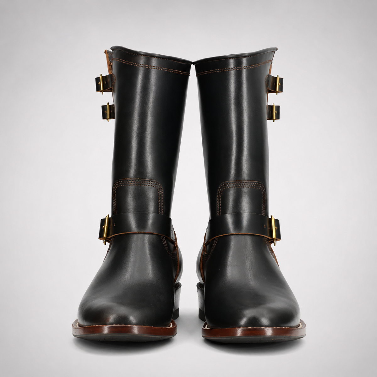 Mens Black Tall Biker Boots - Brass Buckle Mahogany Welt Sole