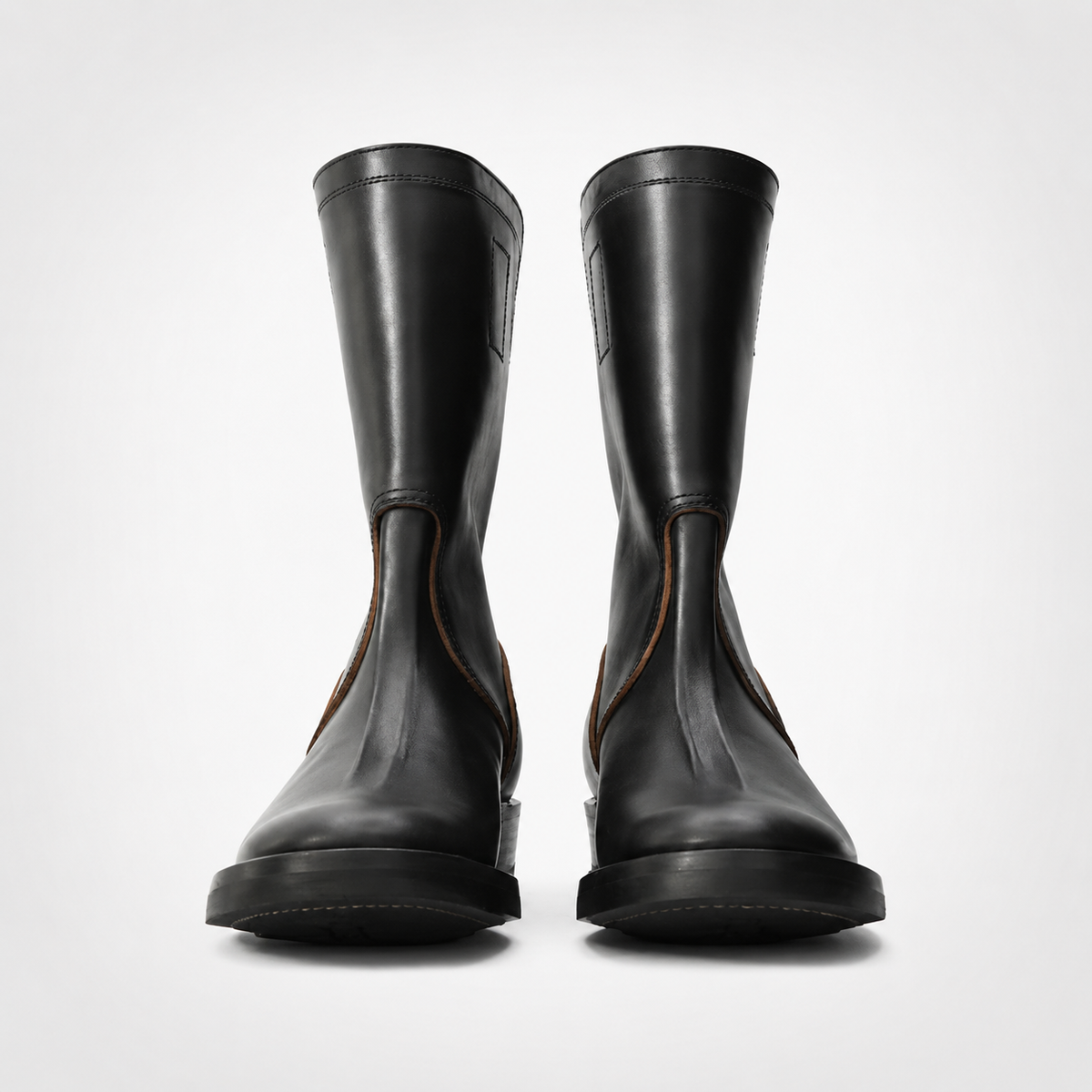Mens Black Pull-On Leather Boots - Notched Collar Tan Back Panel