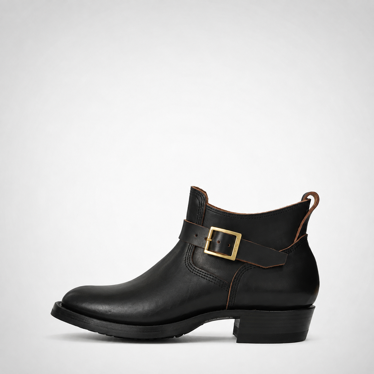 Mens Black Leather Riding Ankle Boots - Cross Strap Gold Buckle
