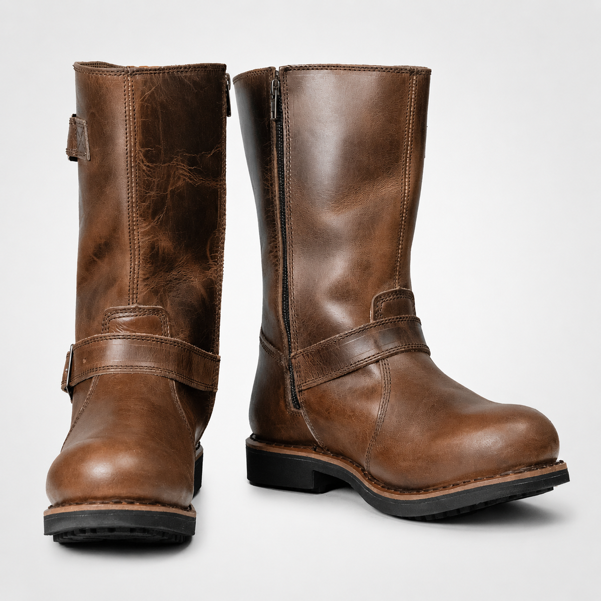Mens Tan Brown Engineer Boots - Oiled Leather Dual Buckle