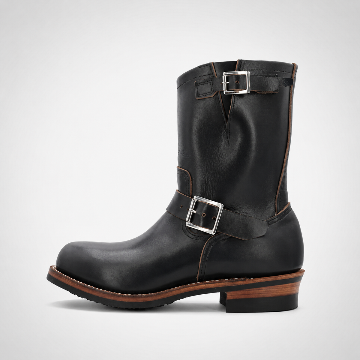 Mens Black Tumbled Leather Engineer Boots - Dual Buckle Brown Welt