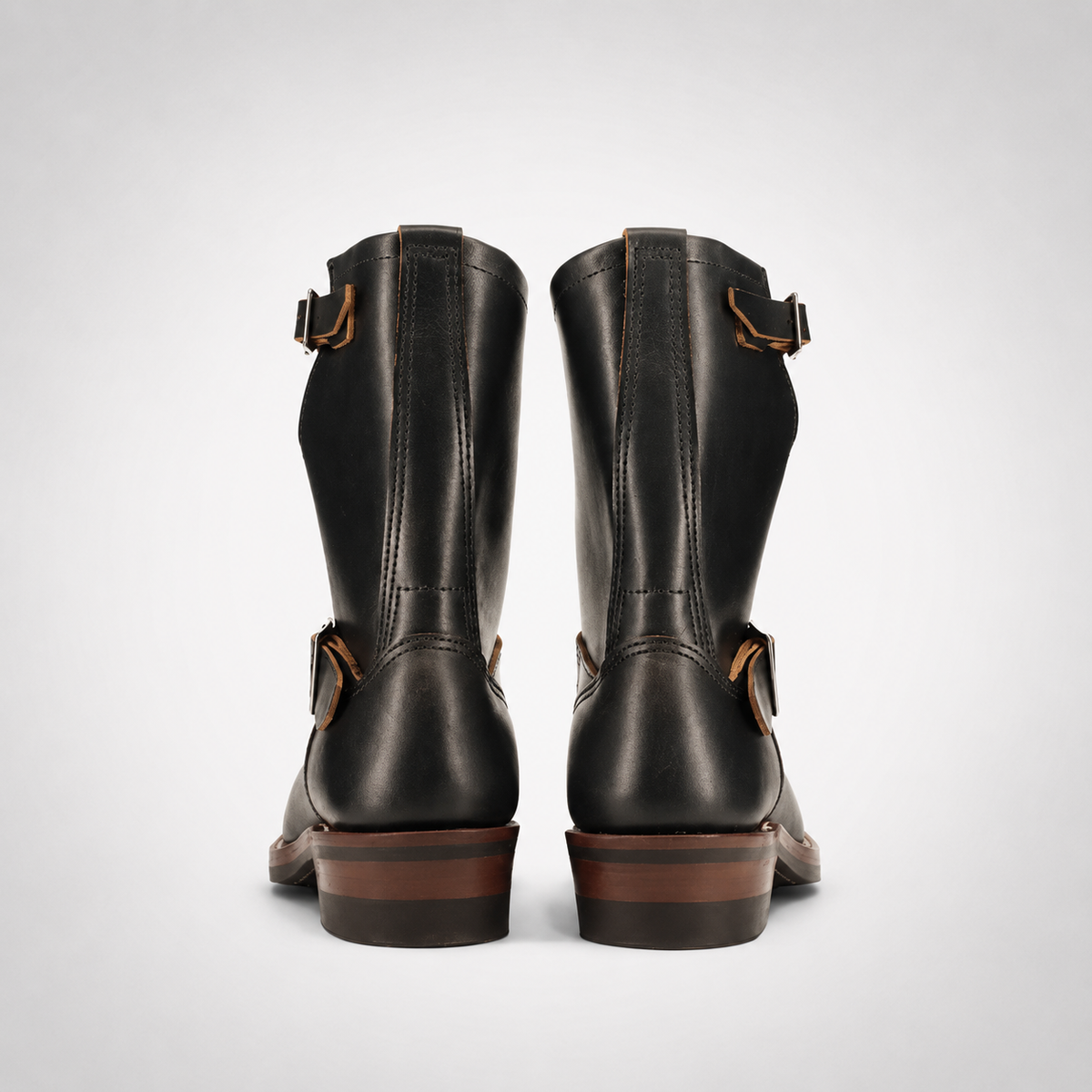 Mens Black Pull-On Engineer Boots - Commando Sole Tan Piped Collar