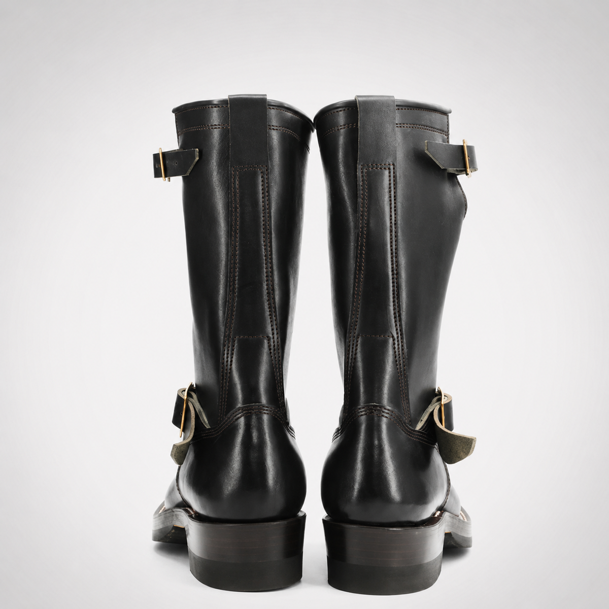 Mens Black Leather Engineer Boots - Dual Brass Buckle White Welt Stitch