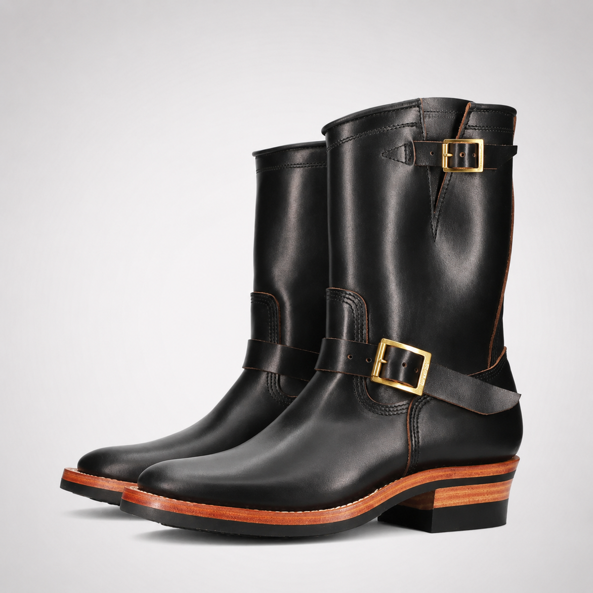 Mens Black Mid-Calf Biker Boots - D-Ring Strap Triple Tan Welt
