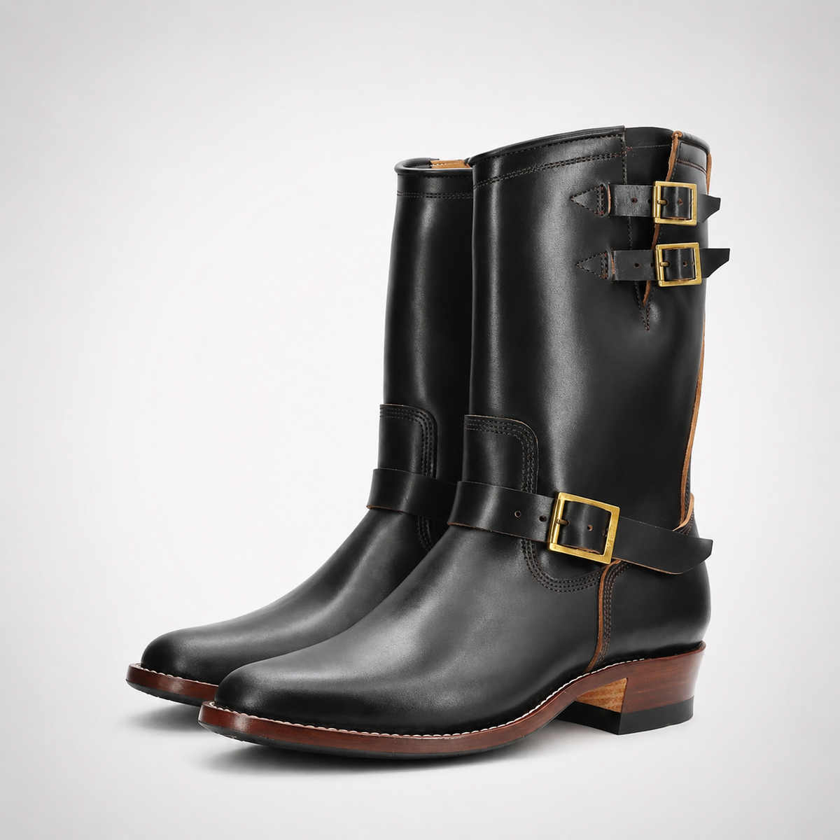 Mens Black Tall Biker Boots - Brass Buckle Mahogany Welt Sole