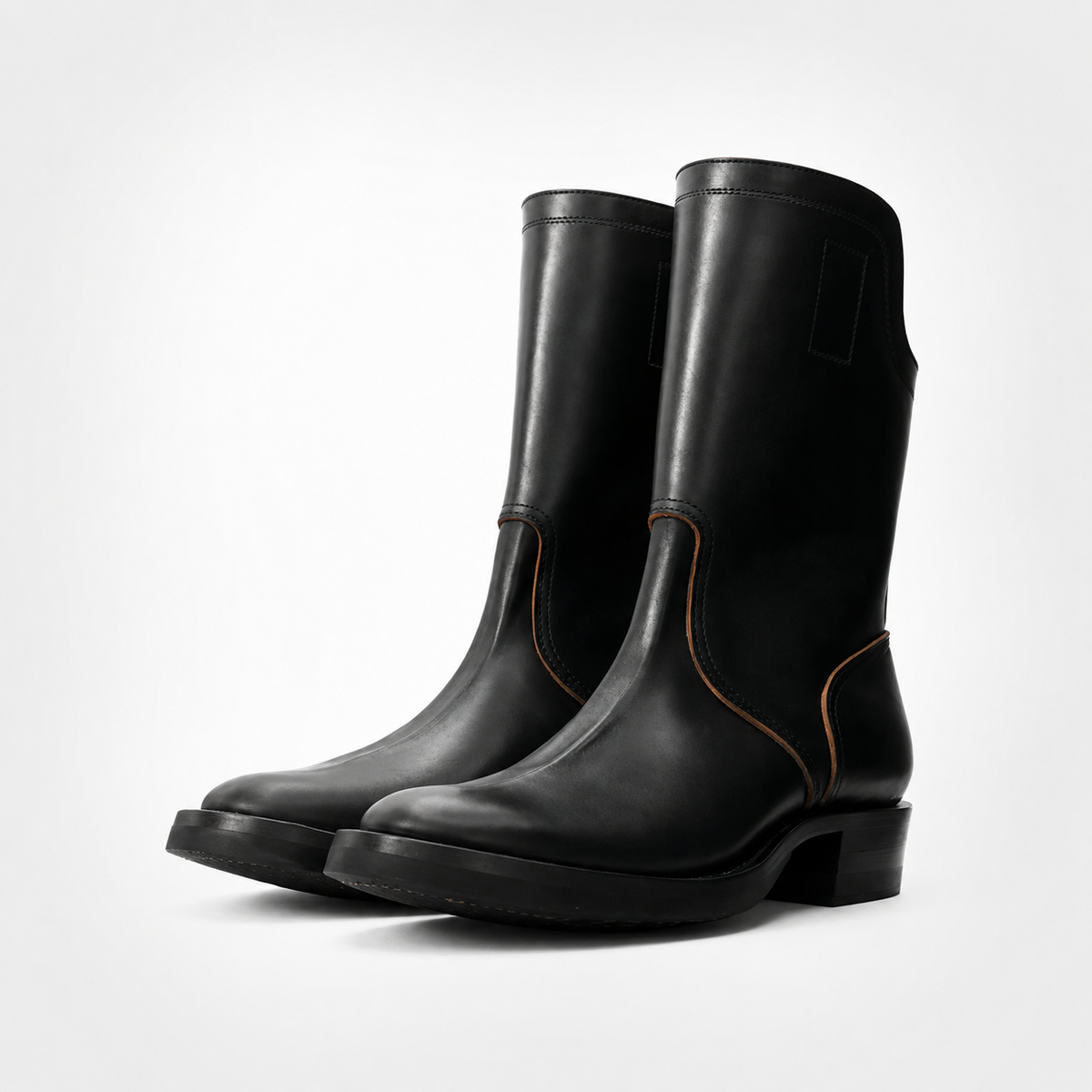 Mens Black Pull-On Leather Boots - Notched Collar Tan Back Panel