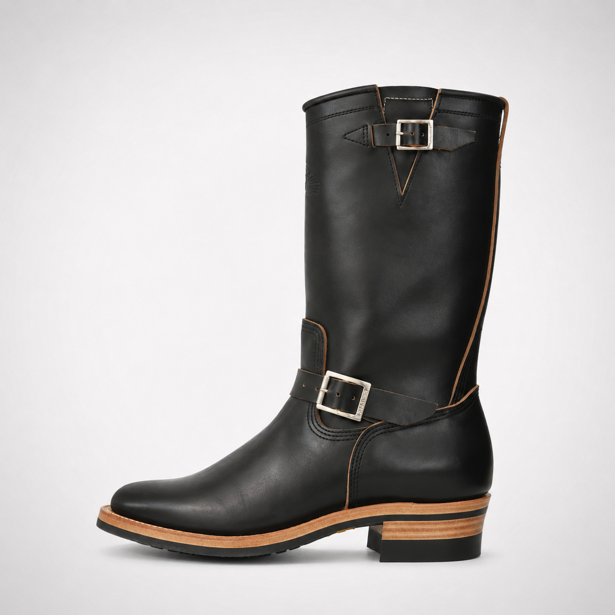 Mens Black Tall Shaft Engineer Boots - Dual Buckle Tan Layered Welt