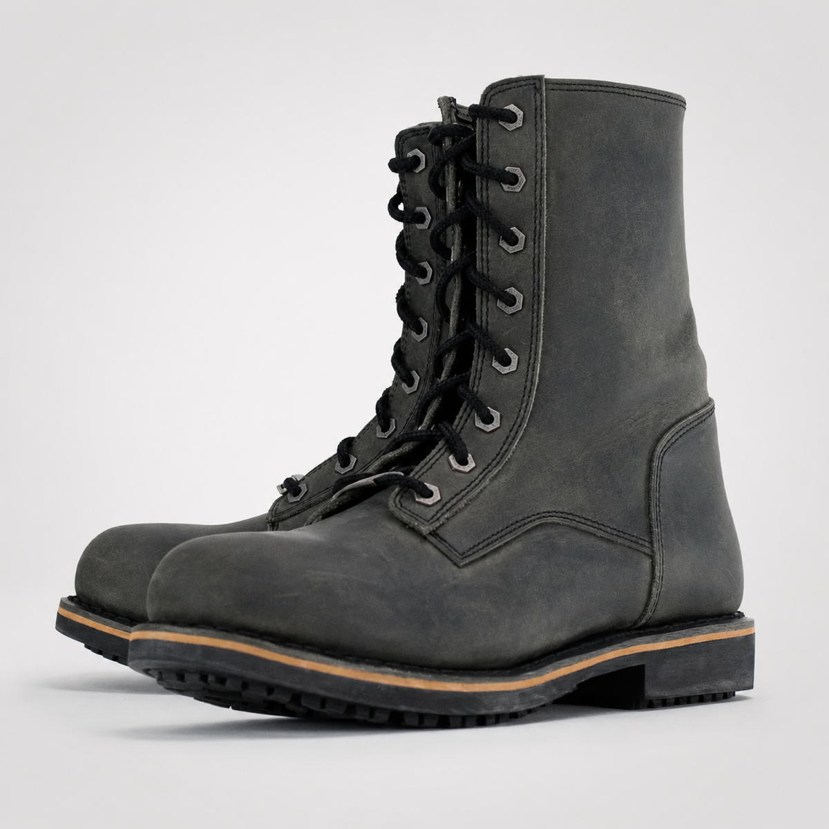 Mens Grey Waxed Leather Boots - Tall Shaft Side Zip Heritage