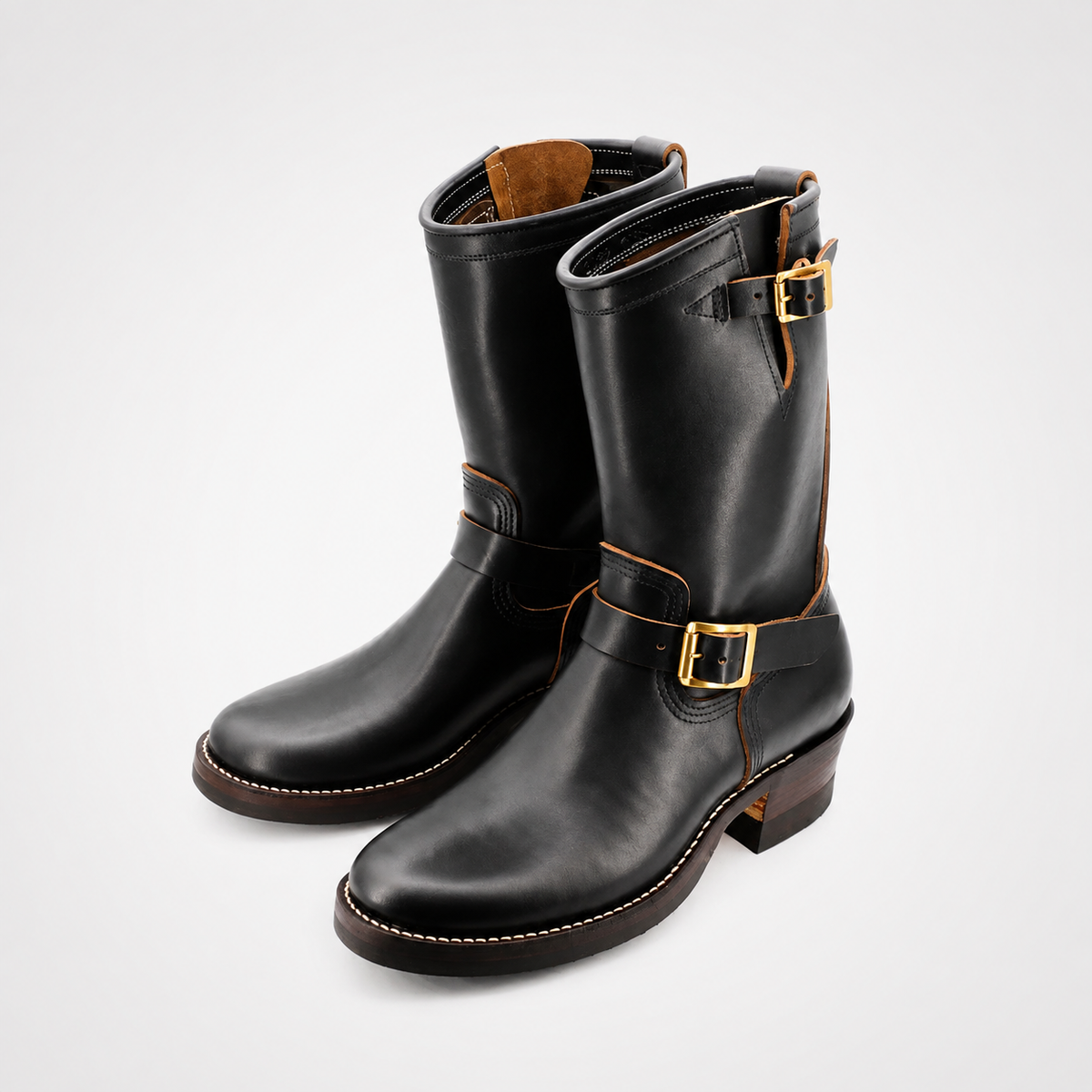 Mens Black Engineer Boots - Tan Piped Seams Dual Brass Buckle Welt