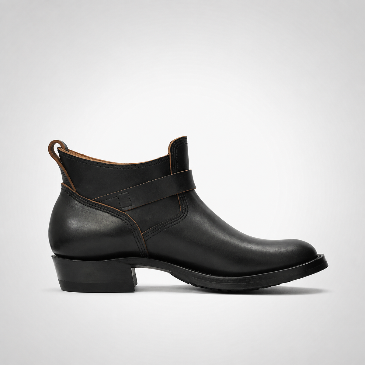 Mens Black Leather Riding Ankle Boots - Cross Strap Gold Buckle