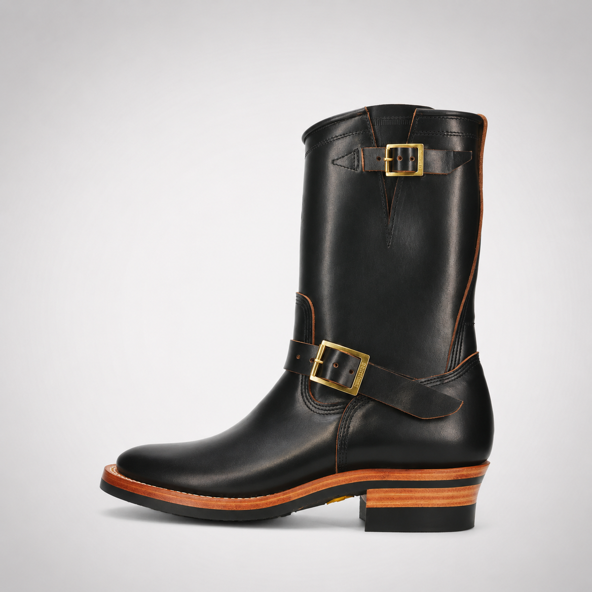 Mens Black Mid-Calf Biker Boots - D-Ring Strap Triple Tan Welt