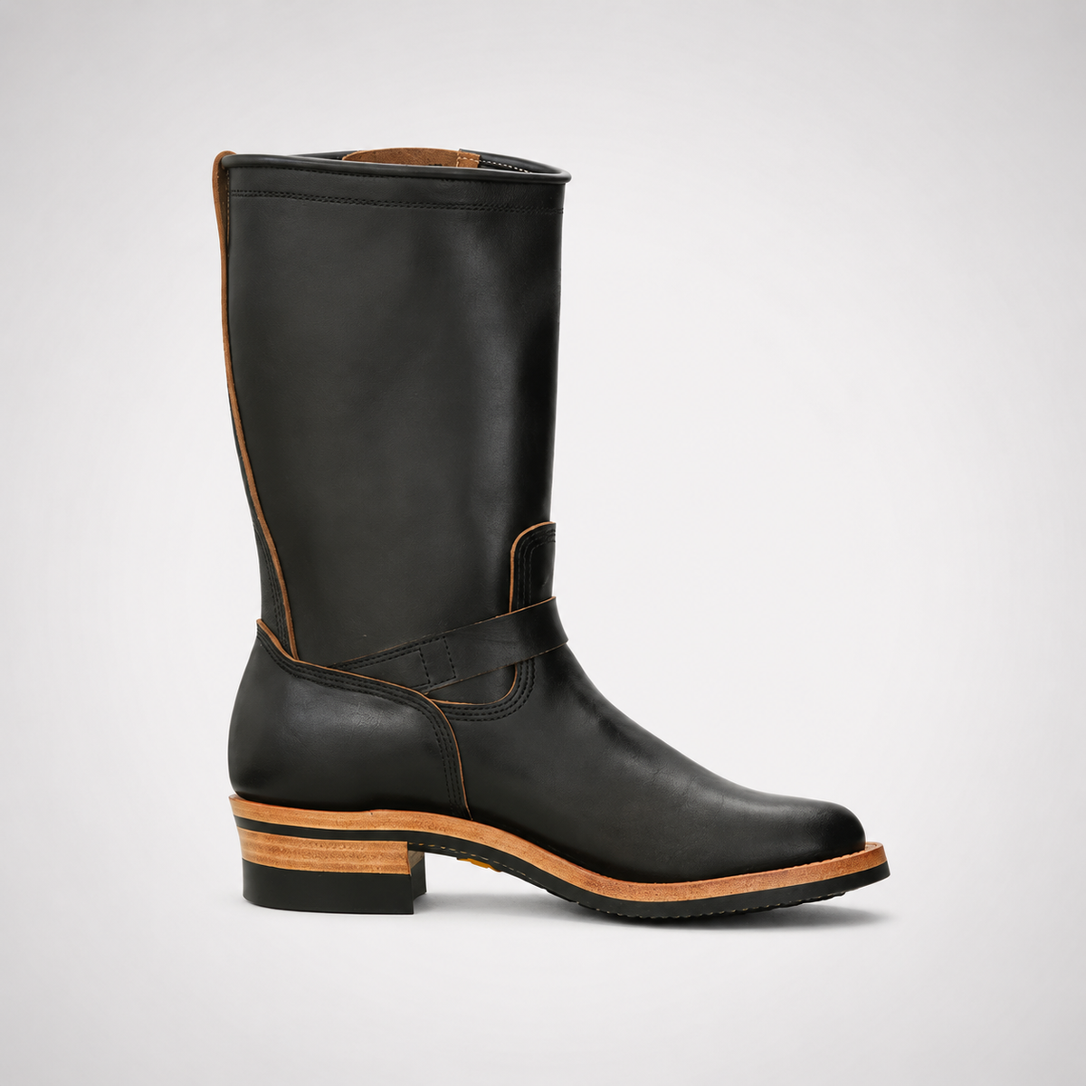 Mens Black Tall Shaft Engineer Boots - Dual Buckle Tan Layered Welt