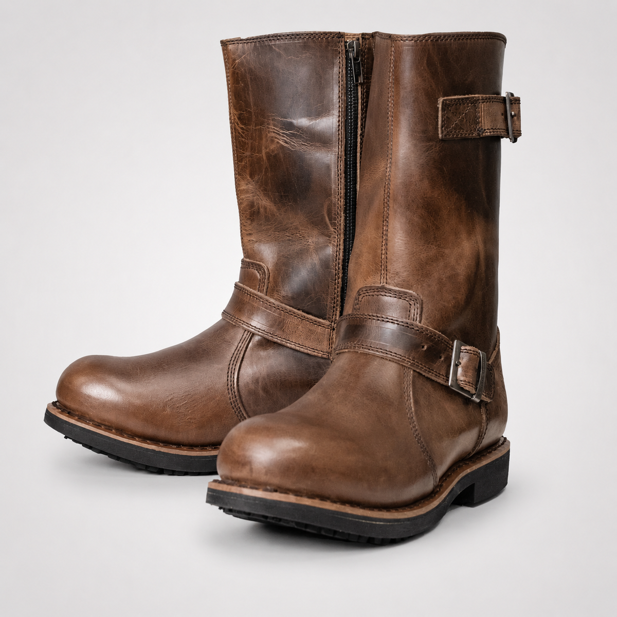 Mens Tan Brown Engineer Boots - Oiled Leather Dual Buckle