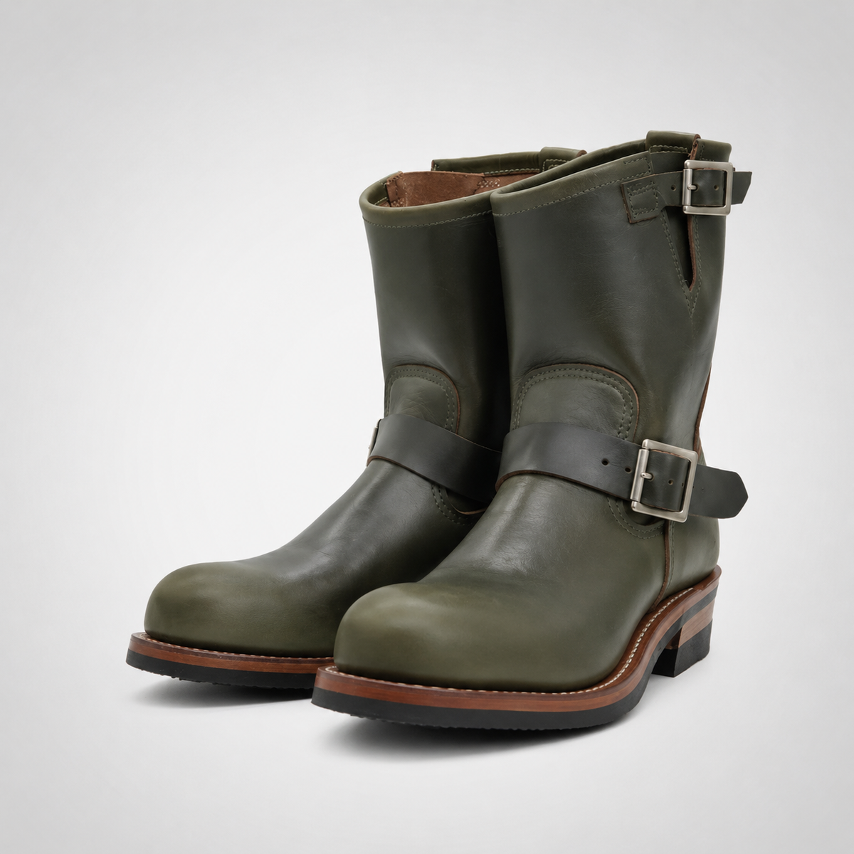 Mens Black Tumbled Leather Engineer Boots - Dual Buckle Brown Welt