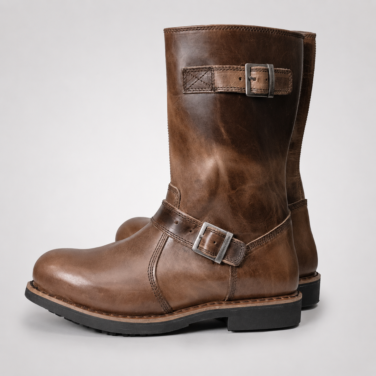 Mens Tan Brown Engineer Boots - Oiled Leather Dual Buckle