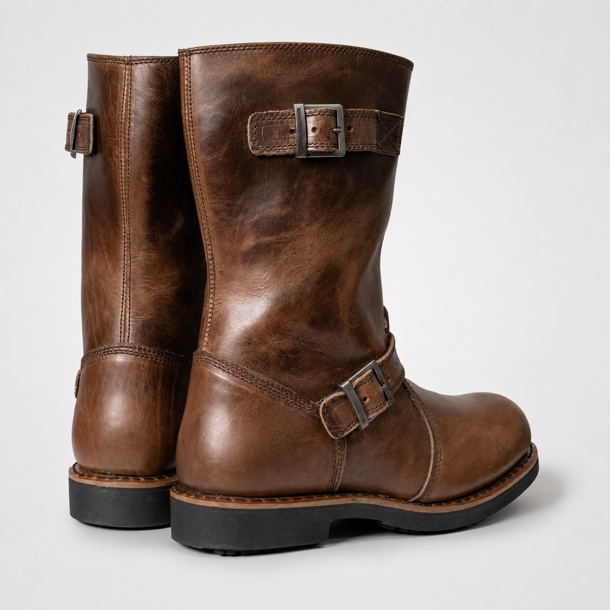 Mens Tan Brown Engineer Boots - Oiled Leather Dual Buckle