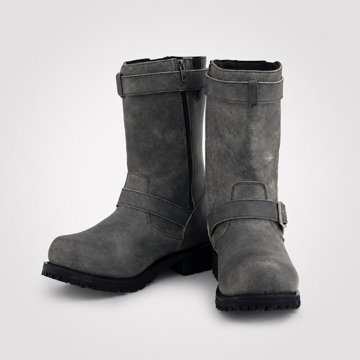 Mens Grey Distressed Leather Engineer Boots - Dual Buckle Zip