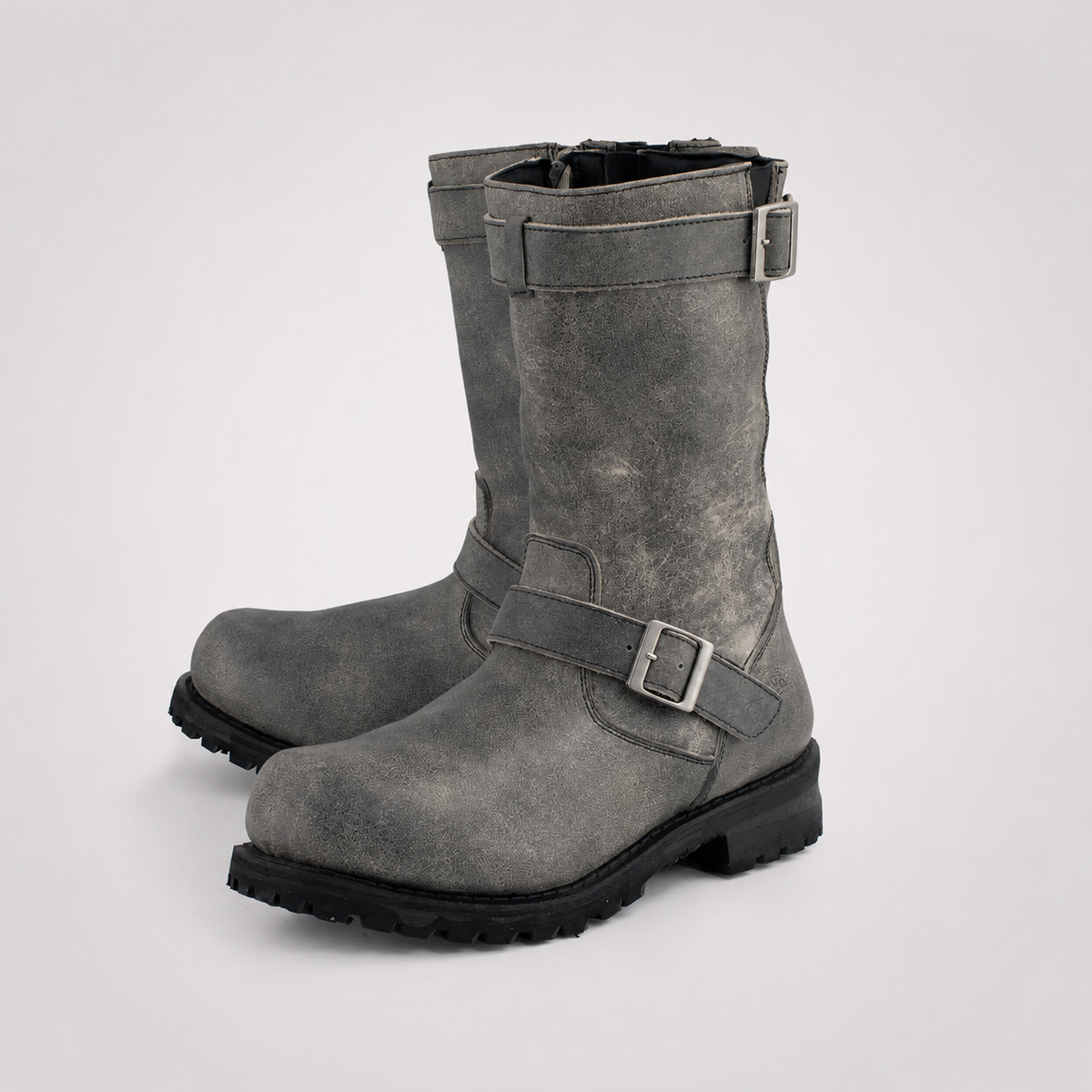 Mens Grey Distressed Leather Engineer Boots - Dual Buckle Zip