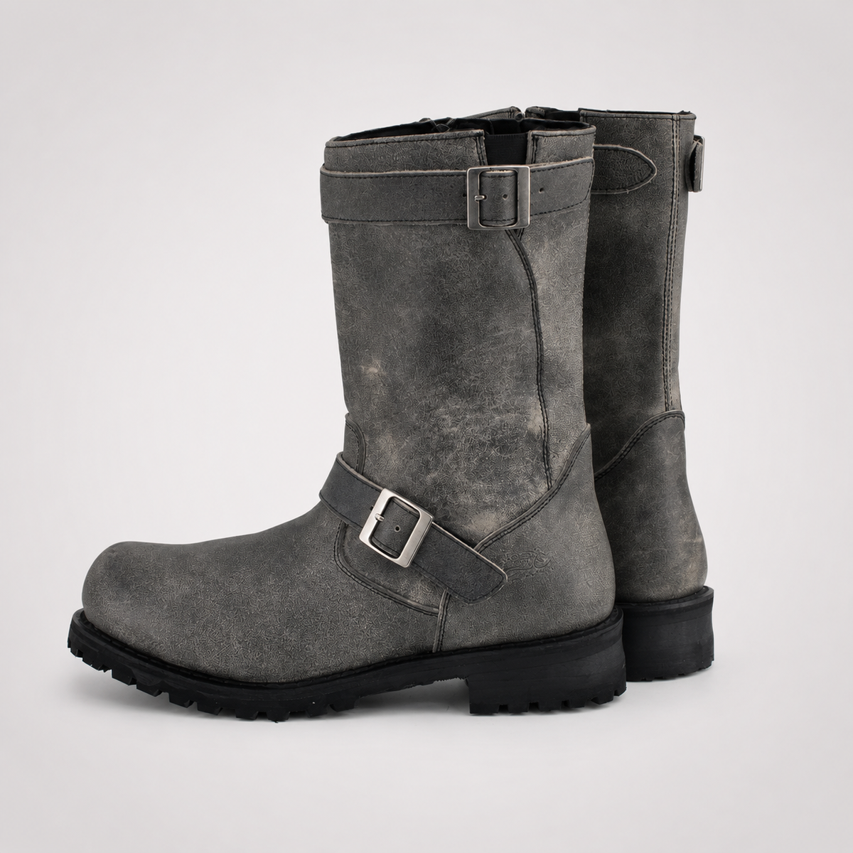 Mens Grey Distressed Leather Engineer Boots - Dual Buckle Zip