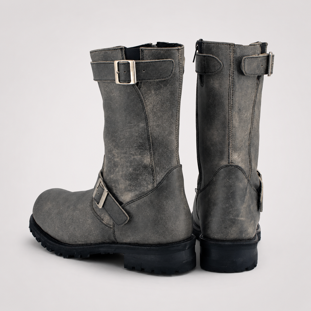 Mens Grey Distressed Leather Engineer Boots - Dual Buckle Zip