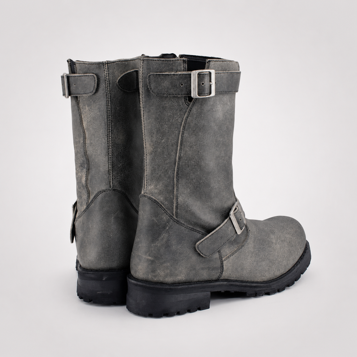 Mens Grey Distressed Leather Engineer Boots - Dual Buckle Zip