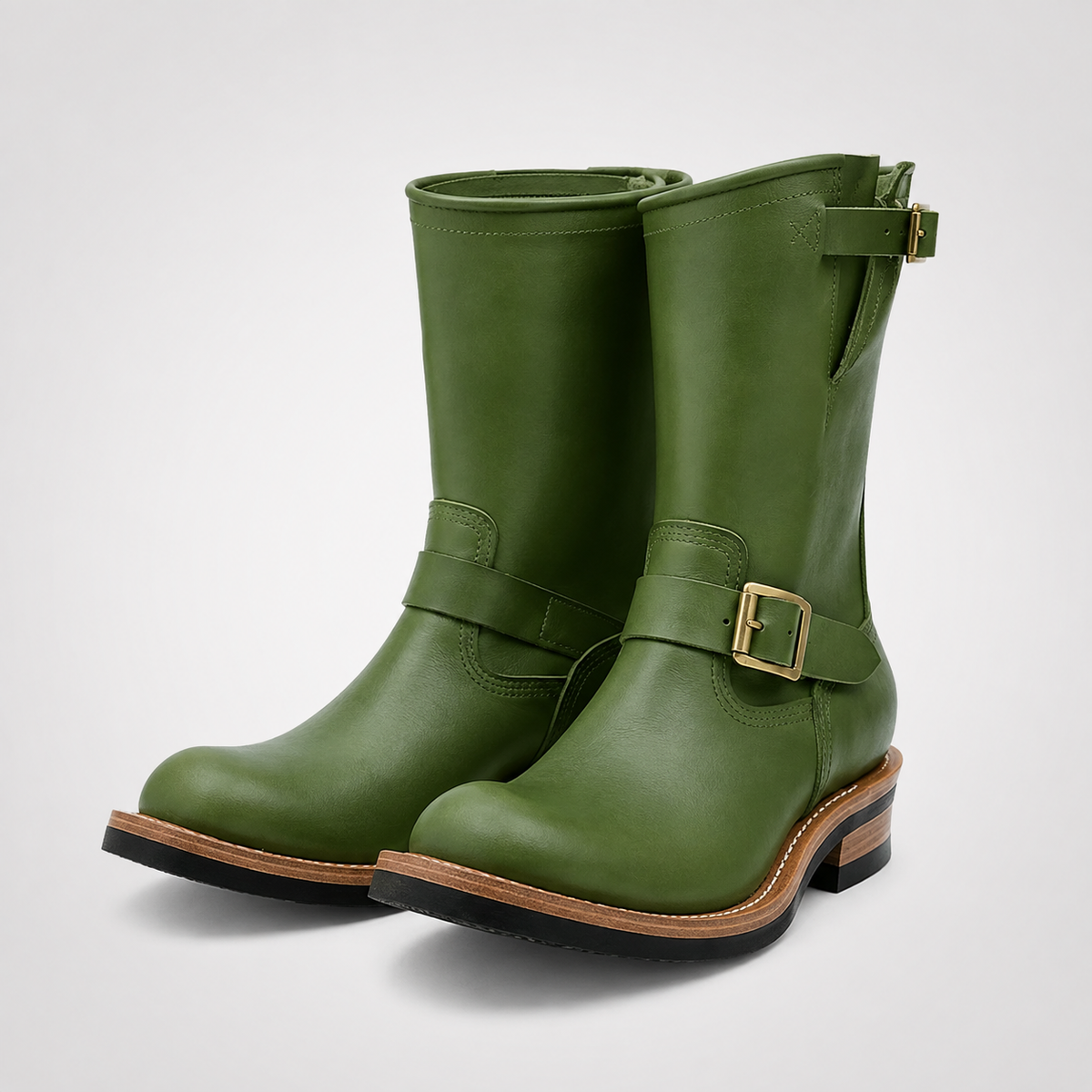 Mens Black Waxed Leather Gold Buckle Pull-On Engineer Boots - Square Toe Heritage Style