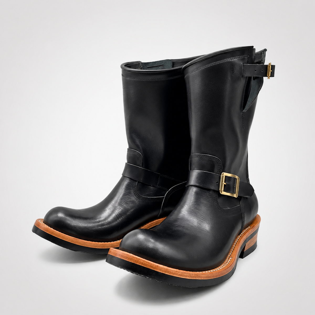 Mens Black Waxed Leather Gold Buckle Pull-On Engineer Boots - Square Toe Heritage Style