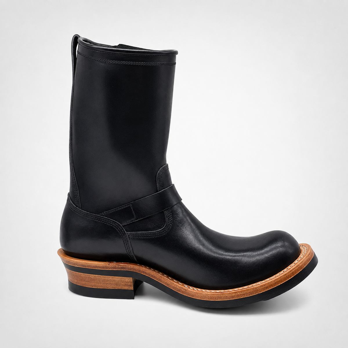 Mens Black Waxed Leather Gold Buckle Pull-On Engineer Boots - Square Toe Heritage Style