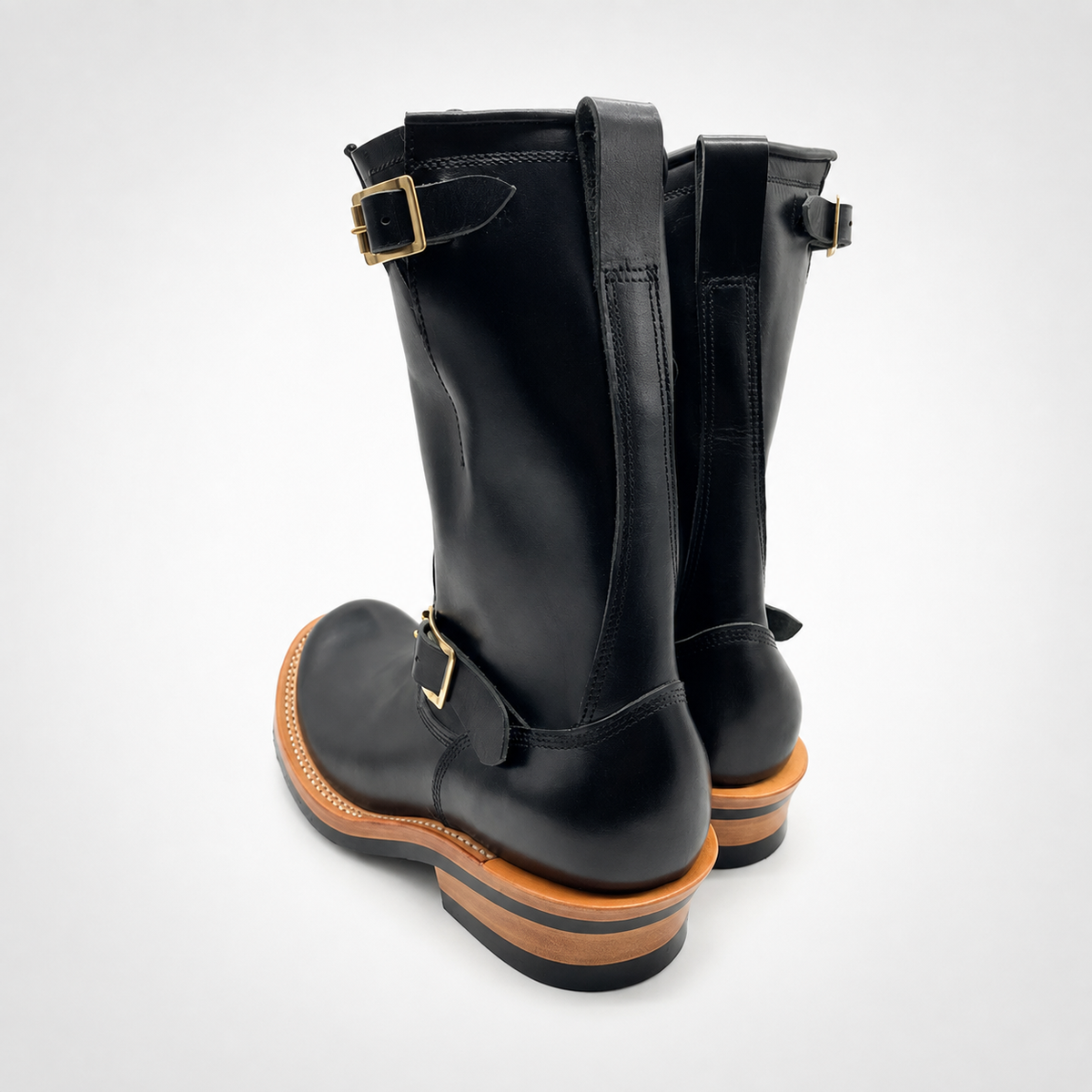 Mens Black Waxed Leather Gold Buckle Pull-On Engineer Boots - Square Toe Heritage Style