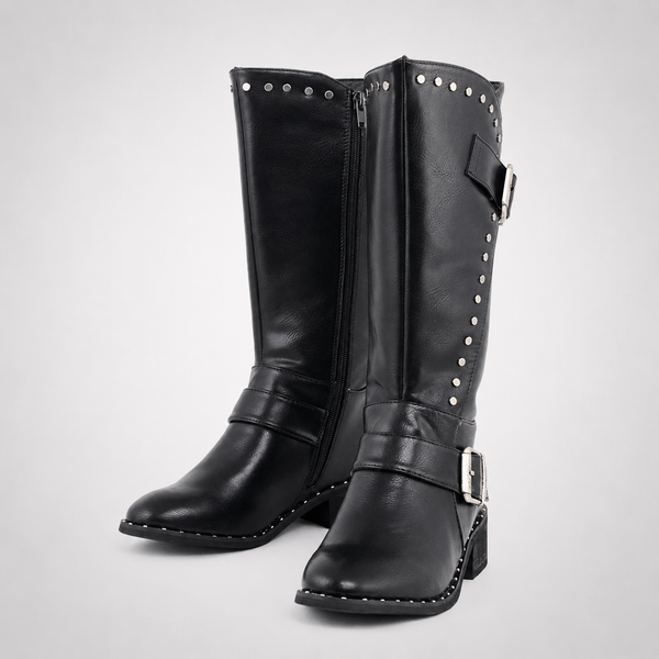Womens Black Knee-High Double Buckle Studded Riding Boots - Leather Biker Style