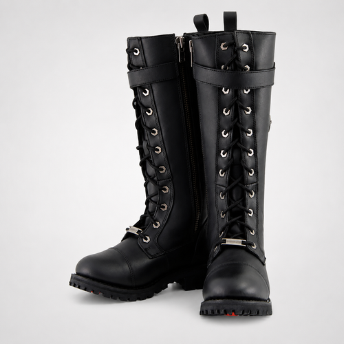 Exclusive One Buckle Black Knee-High Lace-Up Buckle Combat Boots - Leather Biker Style