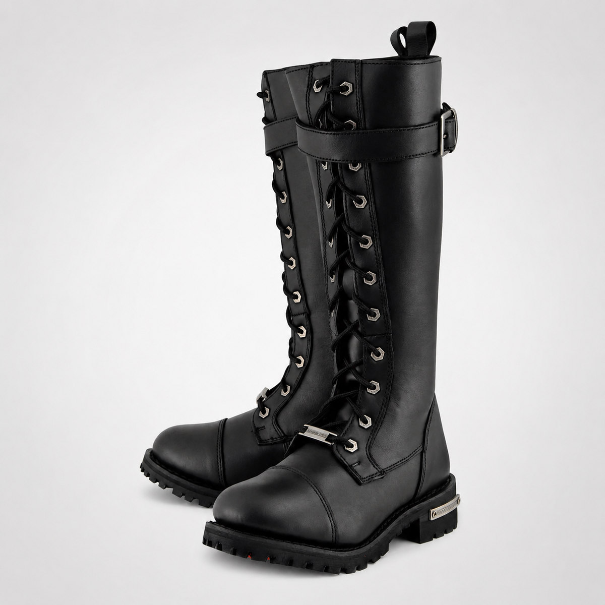 Exclusive One Buckle Black Knee-High Lace-Up Buckle Combat Boots - Leather Biker Style