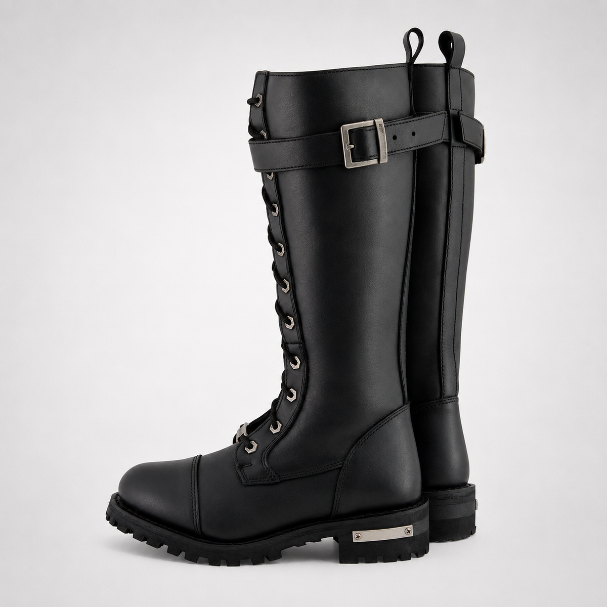 Exclusive One Buckle Black Knee-High Lace-Up Buckle Combat Boots - Leather Biker Style