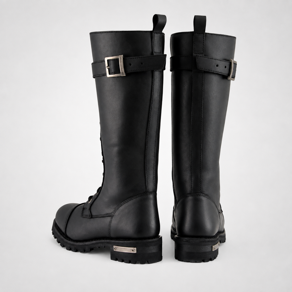 Exclusive One Buckle Black Knee-High Lace-Up Buckle Combat Boots - Leather Biker Style